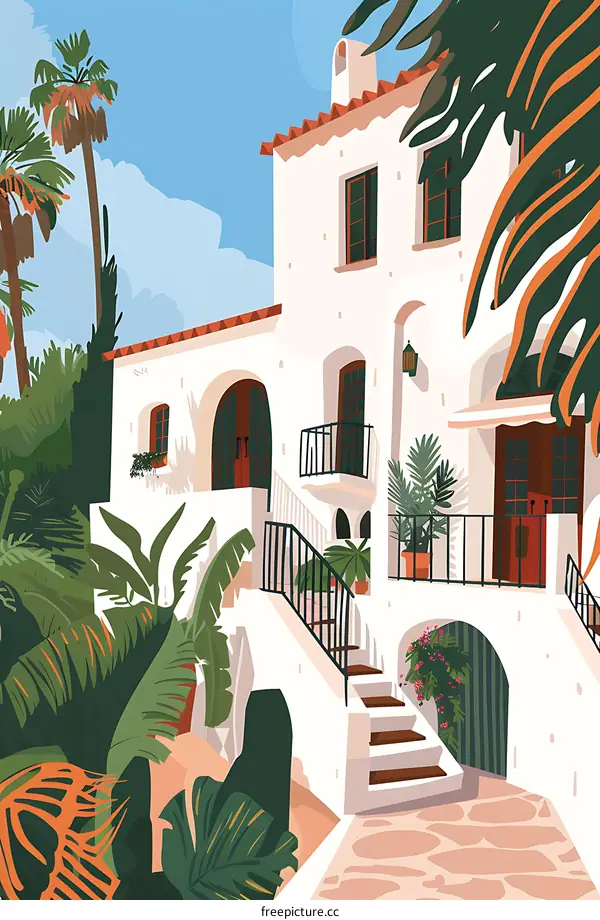 Mediterranean Villa Illustration with Palm Trees and Stairs