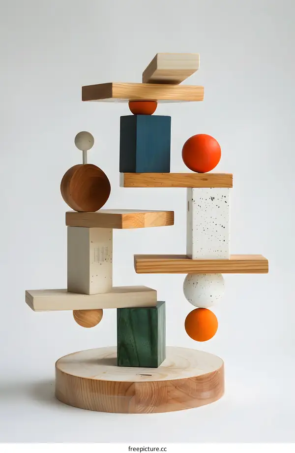Balancing act with wood blocks and spheres