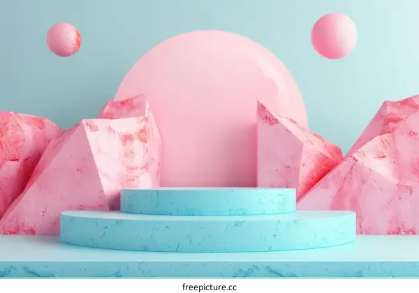 Pink and blue podium with abstract shapes