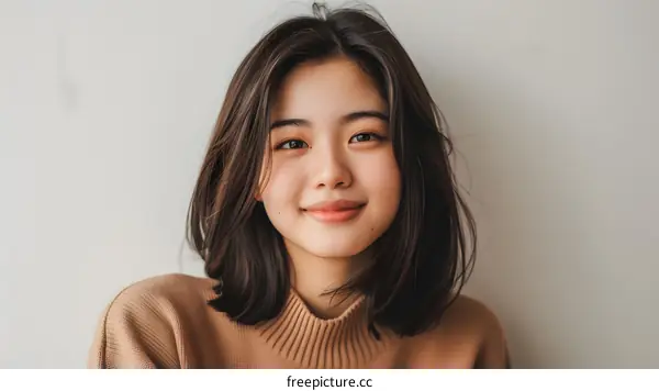 Portrait of a Young Asian Woman with a Short Hairstyle Wearing a Brown Sweater