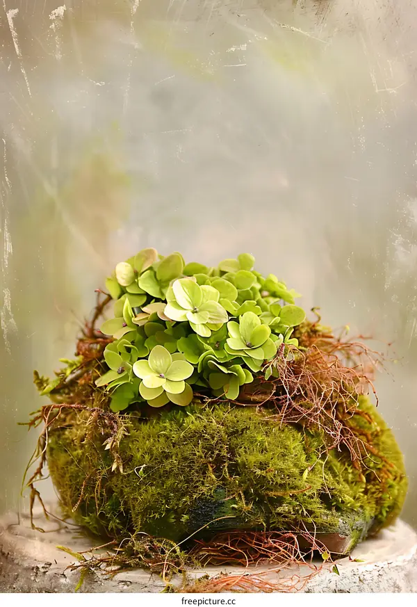 Green Plant in a Moss Covered Pot with a Vintage Background