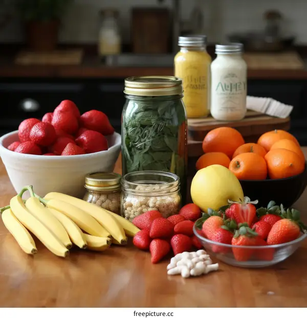 A variety of fresh fruits and vegetables are arranged on a wooden table.