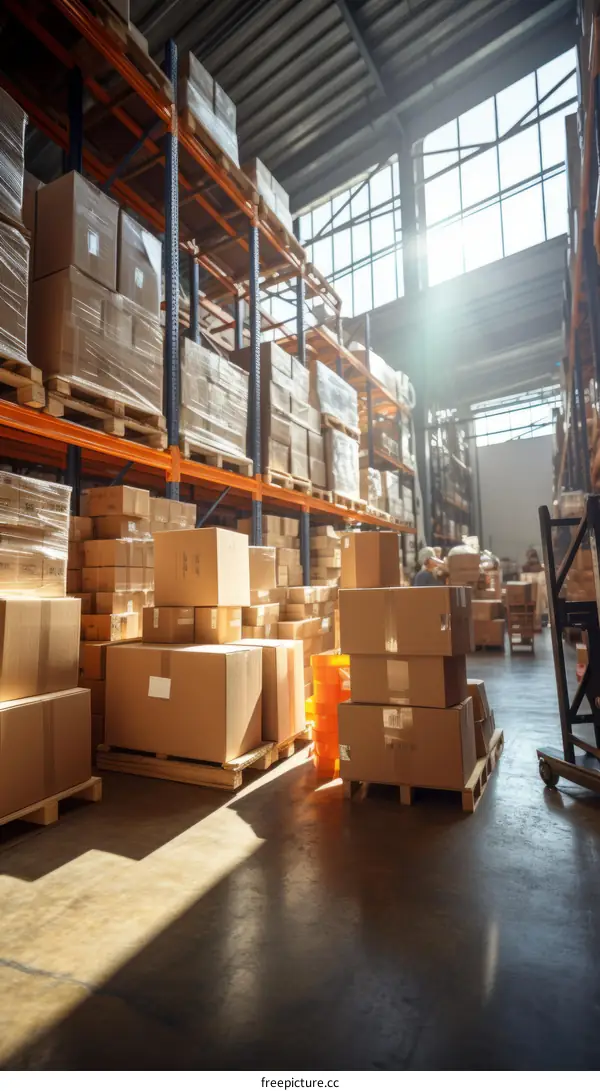 Warehouse full of cardboard boxes on shelves and a pallet jack in the foreground