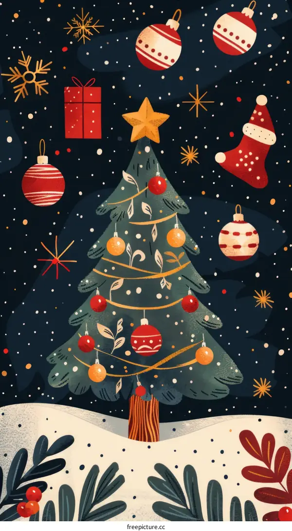 Christmas Tree Adorned with Ornaments and a Star