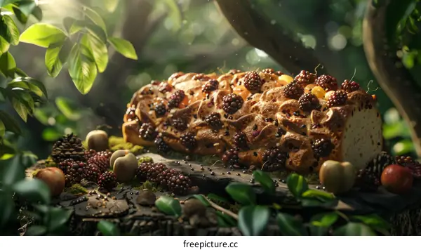 Blackberry and apple loaf cake on a wooden stump in the forest