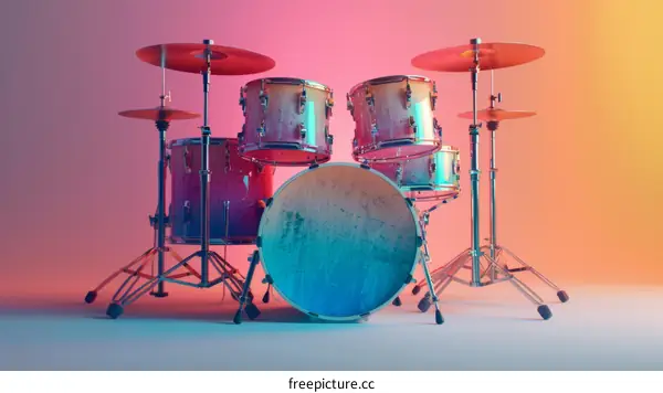 Drum kit isolated on gradient pink and blue background. 3d rendering illustration.