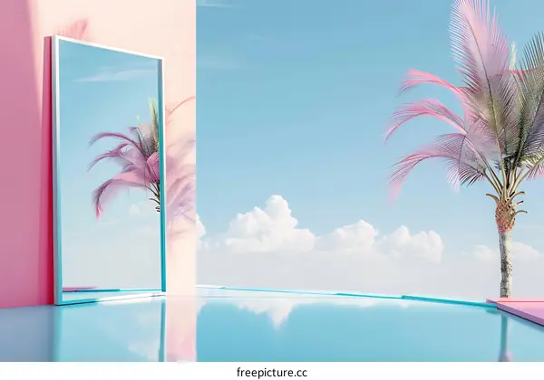 Minimalist Summer Scene with Pink Palm Trees and Blue Sky