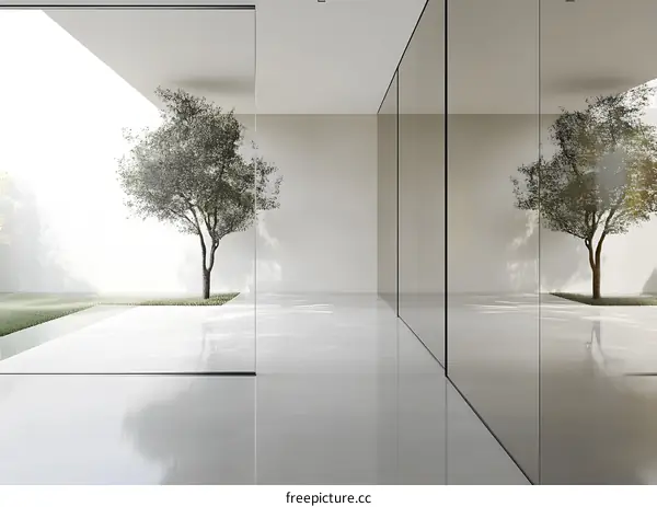 Minimalist Modern Interior Design with Glass Walls and a Tree in the Courtyard