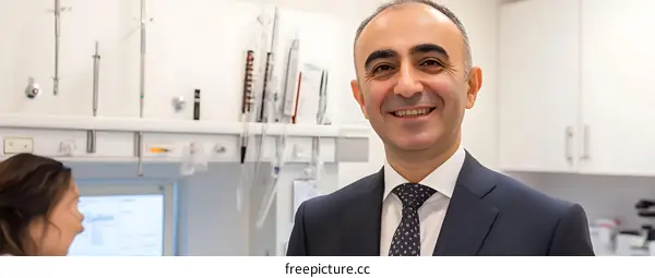 Smiling Man in Suit Posing in Medical Office