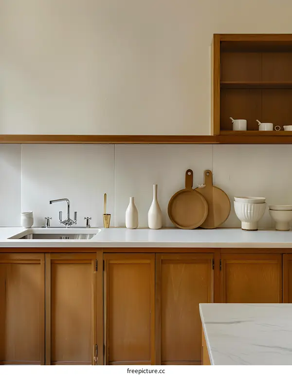 Modern Kitchen Interior Design With Wooden Cabinets And White Countertops