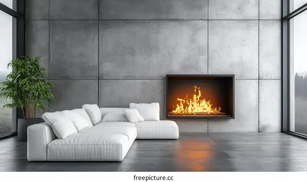 Modern Concrete Living Room with Fireplace Illustration