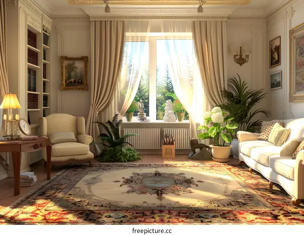 Living Room Interior Design With White Sofa And Brown Armchair