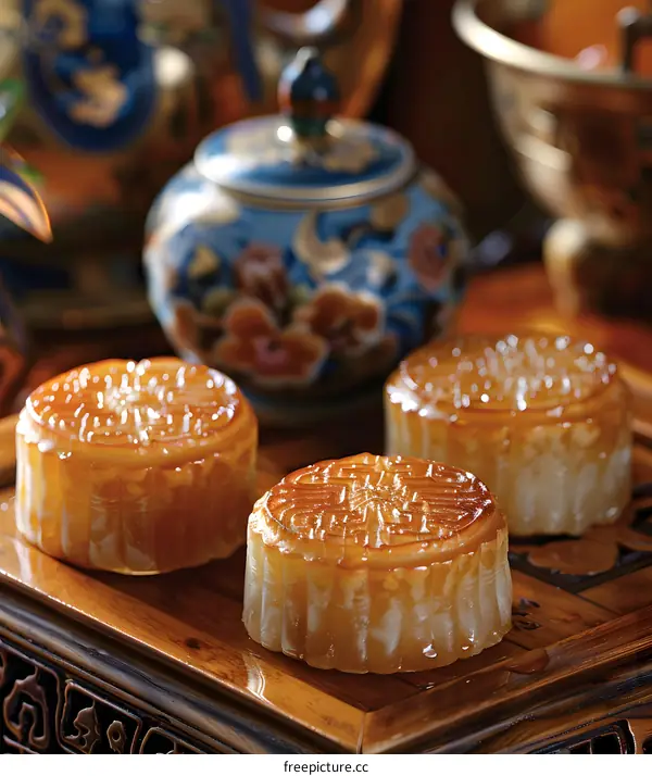 Delicious Chinese Mooncakes on Wooden Table
