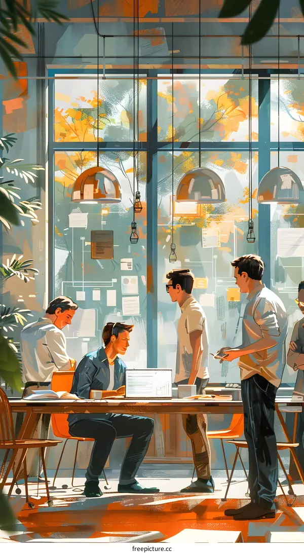 Colleagues discussing a project in an office