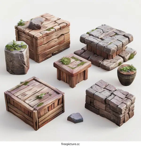 Wooden and stone blocks, crates with moss growing on them