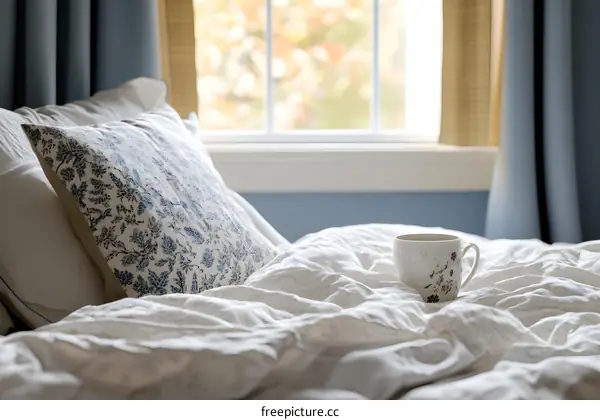 White Bed with Blue Floral Pillow and Cup of Coffee