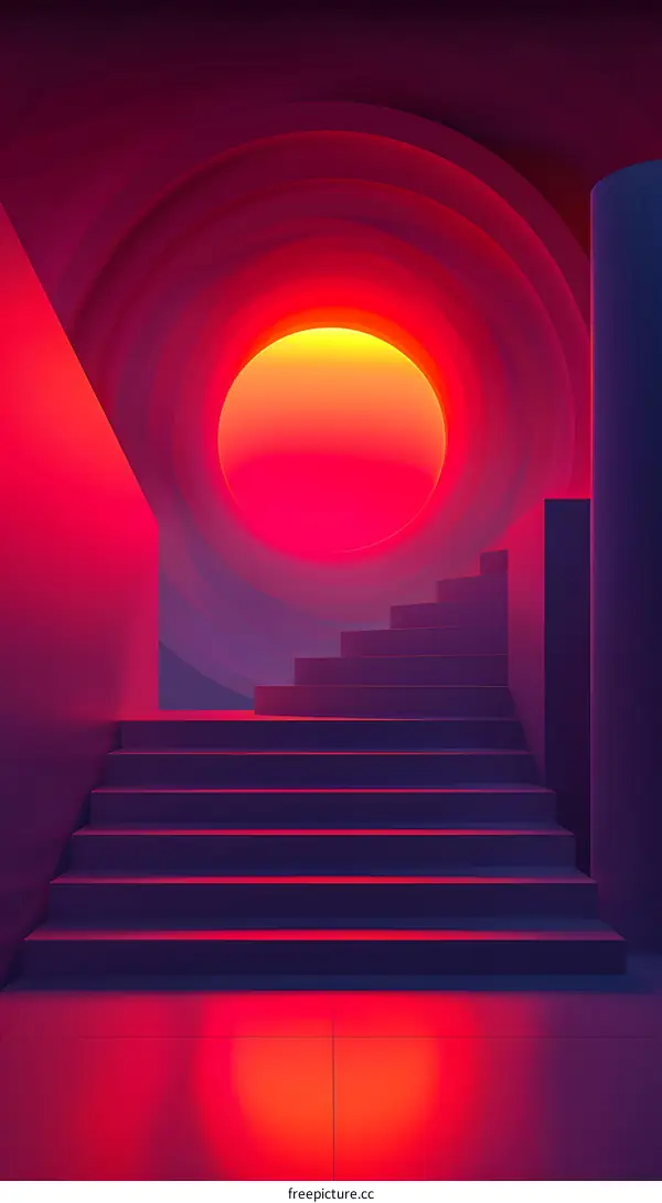 Neon Lit Staircase with Circular Opening