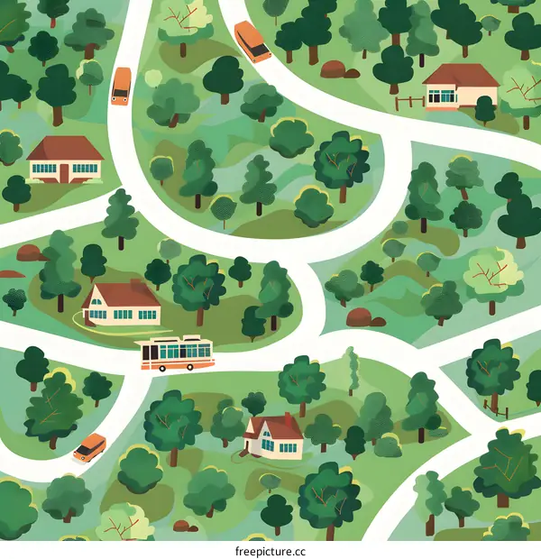 Illustrated Map of a Winding Road Through a Forest