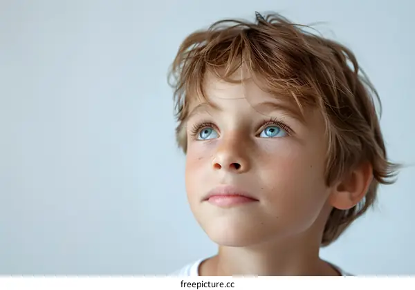 Portrait of a Young Boy Looking Up with Blue Eyes
