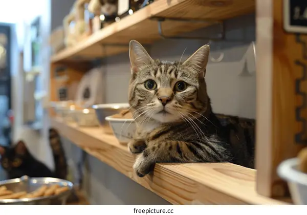 A cute tabby cat sitting on a wooden shelf in a store