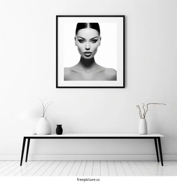 Black and white portrait of a beautiful woman with dark hair and light eyes.