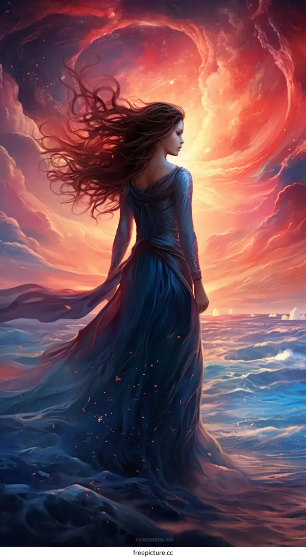 A lone woman on a beach, looking out at a stormy sea.