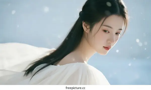 A Young Chinese Woman with Long Black Hair in White Dress Standing Outdoors