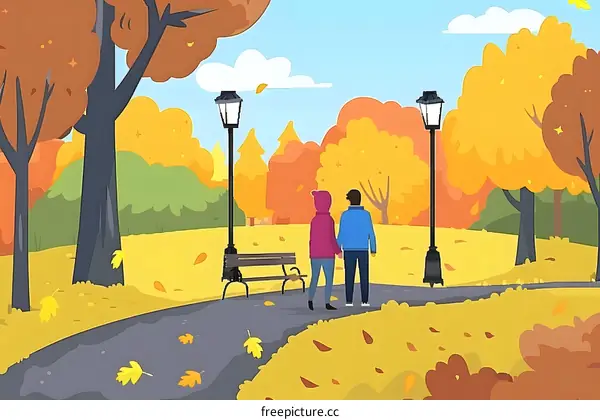 Couple Walking in Autumn Park