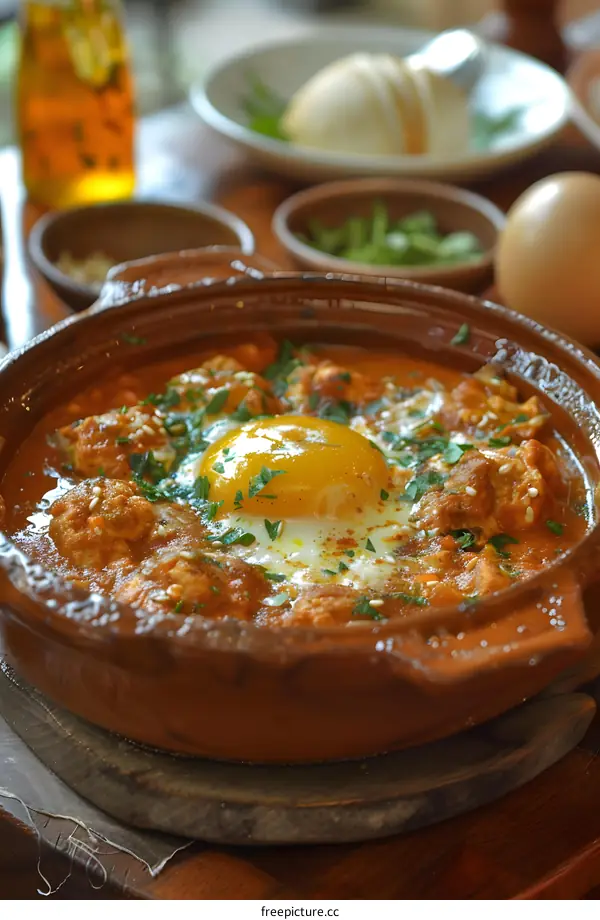 Closeup of Shakshuka in a Clay Pot with Egg