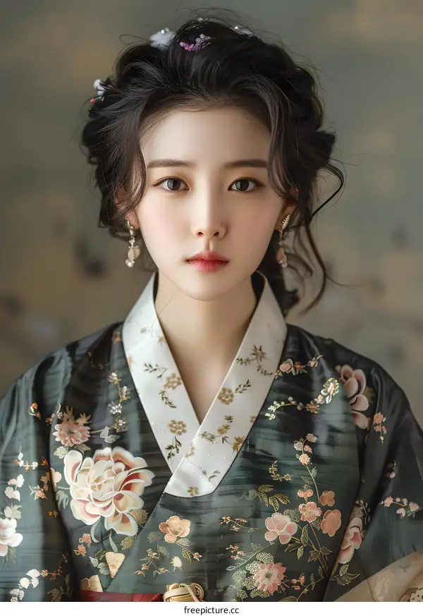 Portrait of a young woman in traditional Korean dress, or Hanbok
