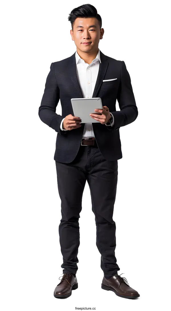 [Transparent Background PNG]Asian businessman using a tablet