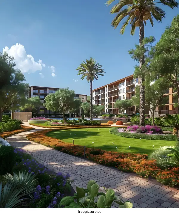 Courtyard with a pool and palm trees
