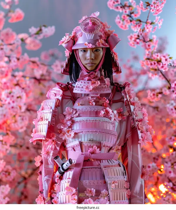 A Pink Samurai Woman with Cherry Blossoms
