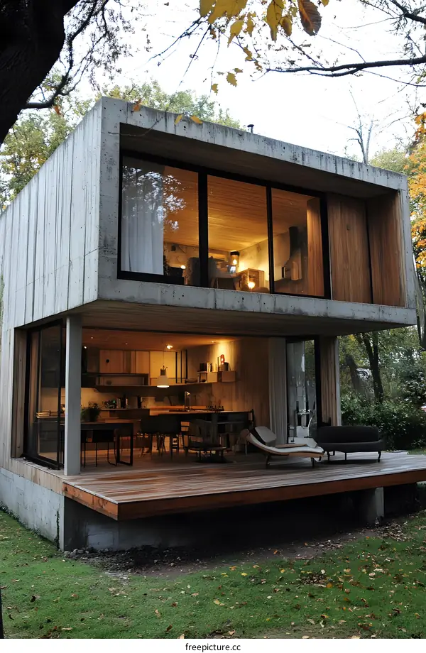 Modern Concrete House with Large Windows and Wooden Deck