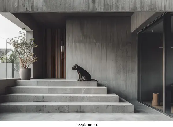 Modern Home with Dog on Concrete Steps
