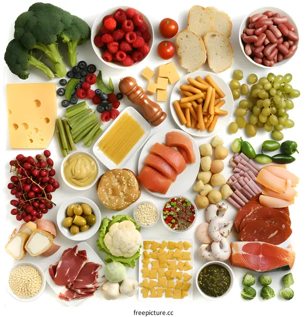 Variety of Food Ingredients and Produce on White Background