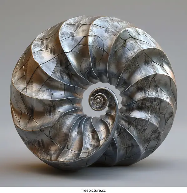 A 3D rendering of a metal nautilus shell