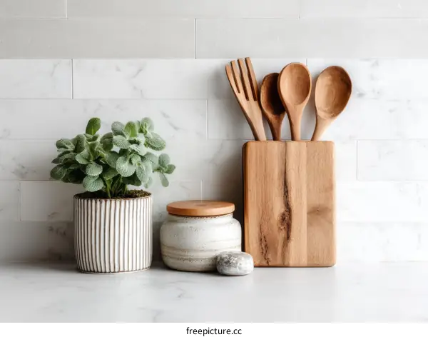 Kitchen Decor with Wooden Utensils and Plants