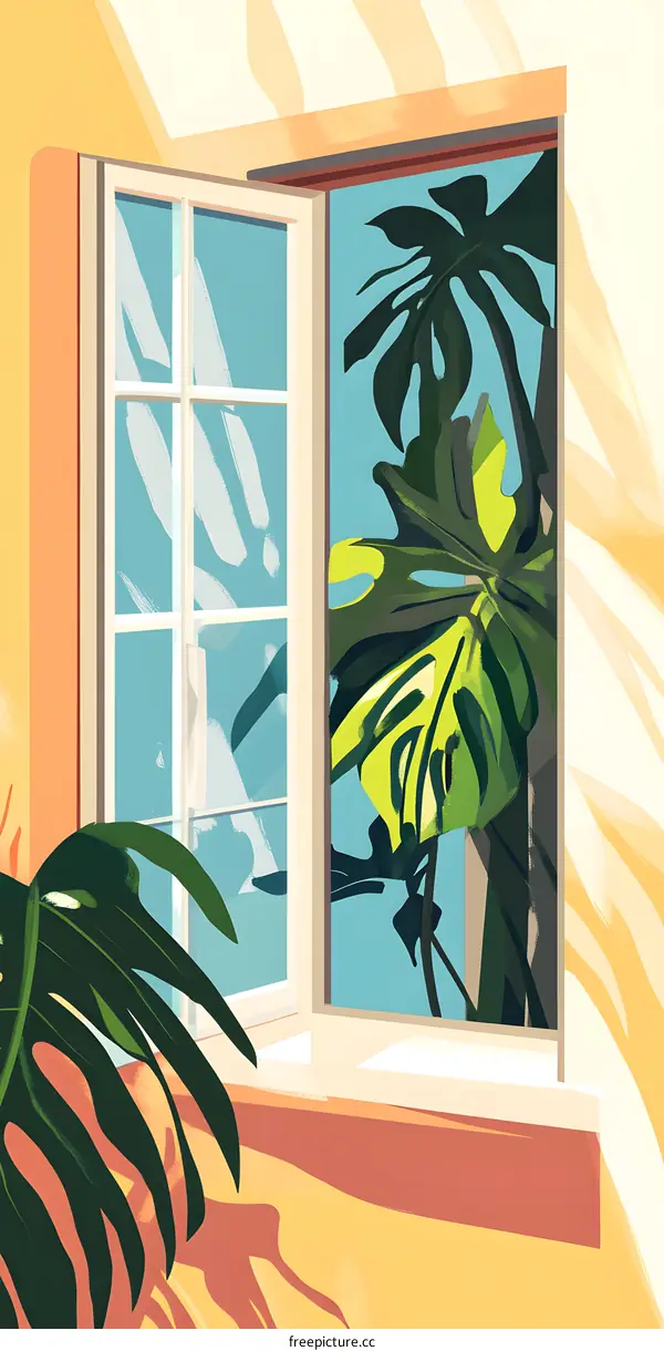 Opened Window with Monstera Plant
