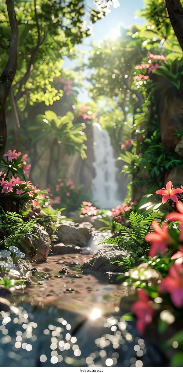 Vibrant Tropical Rainforest Waterfall with Pink Flowers