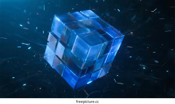 Blue 3D Cube with Digital Network Connections Background
