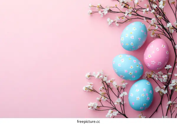 Easter Eggs Decorated with Flowers on Pink Background