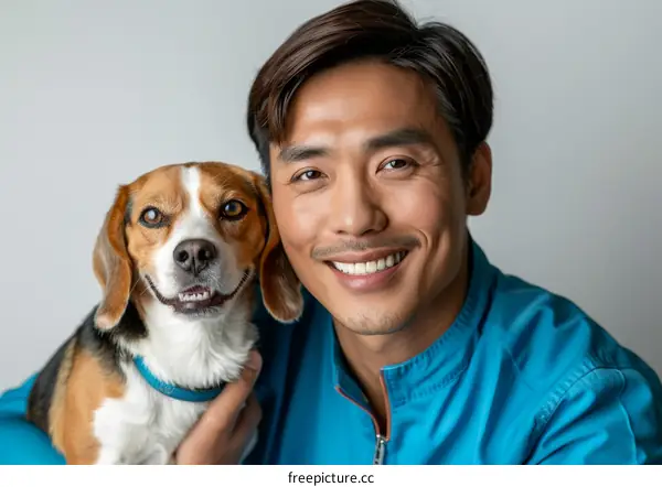 Asian veterinarian smiling with a beagle dog