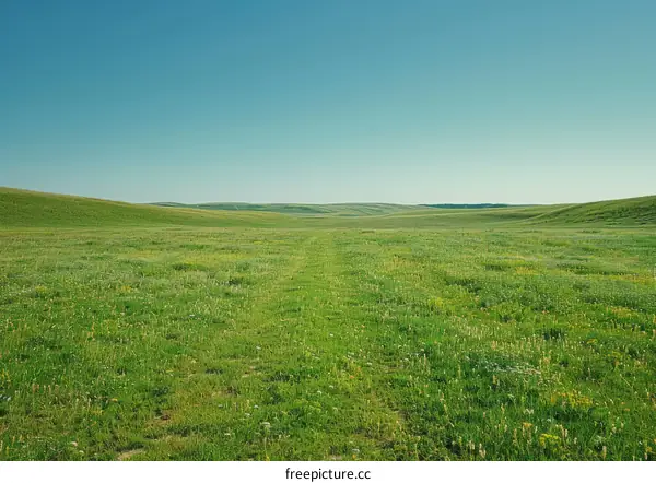 Vast green rolling hills under clear blue sky