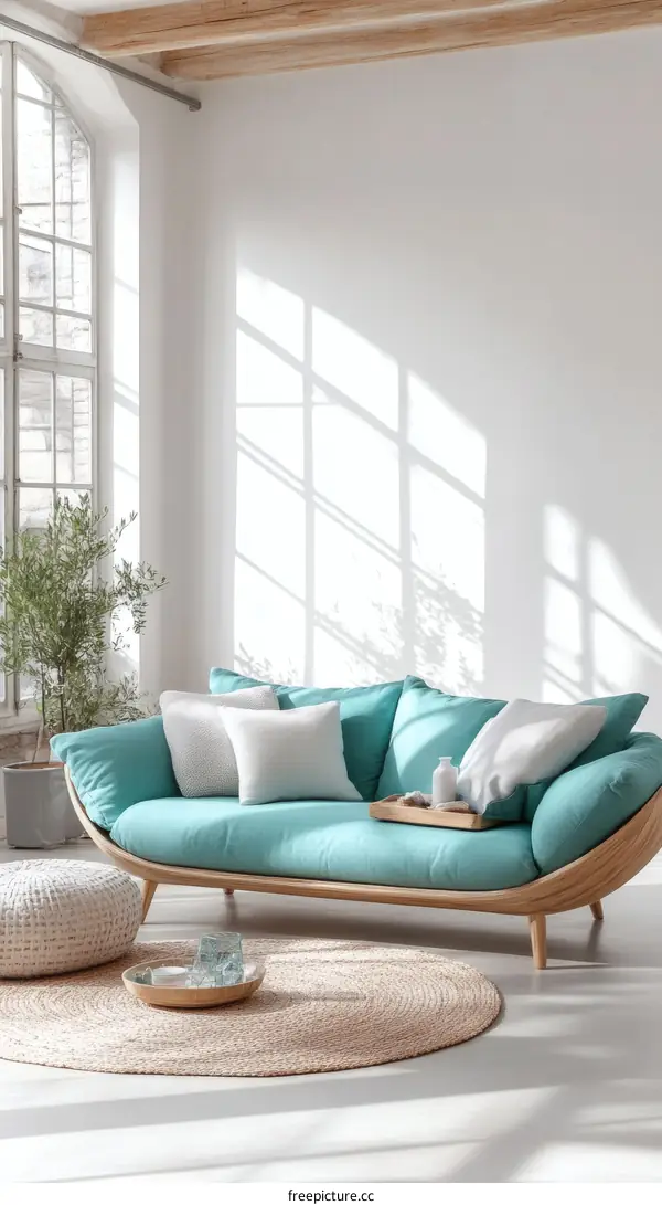 Modern Teal Sofa in a Bright Living Room