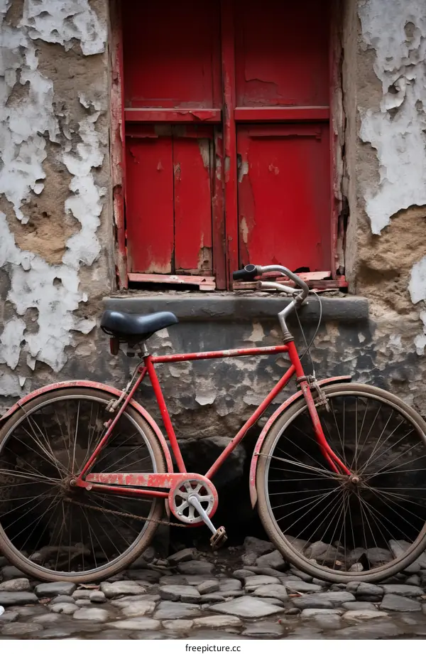 weathered red bicycle propped against a weathered red door