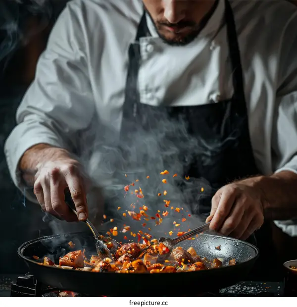Stir-frying in a hot pan with two spoons