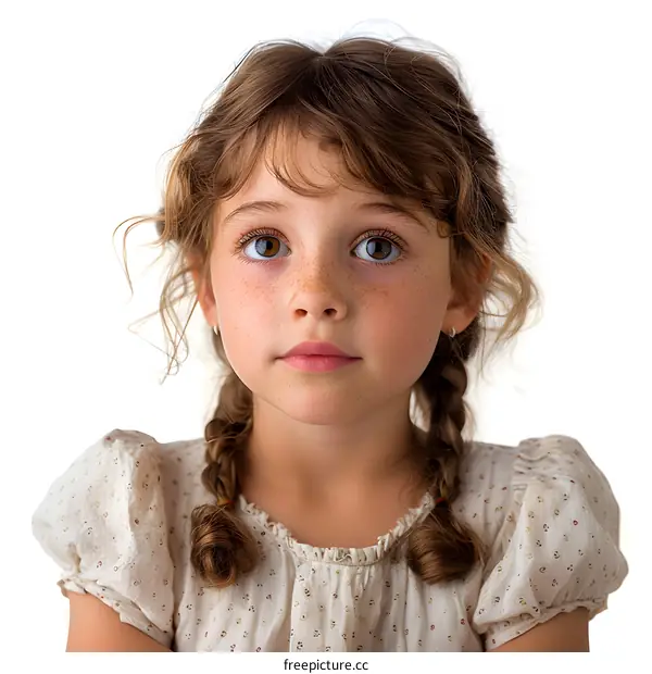 Portrait of a young girl with freckles and brown hair