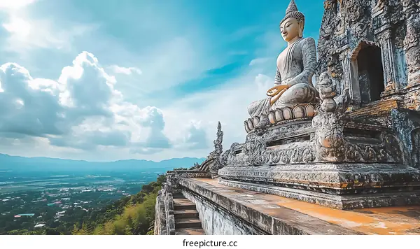 Buddha Statue on Mountaintop With Scenic View