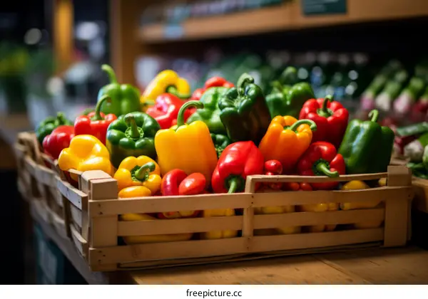 An abundance of bell peppers in a wooden crate